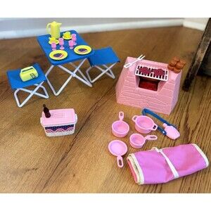 Vtg 1990 Barbie All American Camping Playset #7223 Sleeping Bag Grill Table Food
